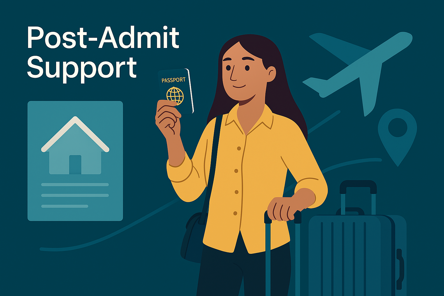 Post-Admit Support Visa, Housing, Arrival, etc.guidance covered.